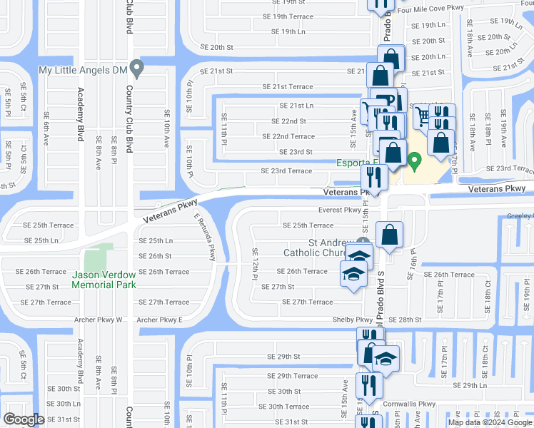 map of restaurants, bars, coffee shops, grocery stores, and more near 1228 Everest Parkway in Cape Coral