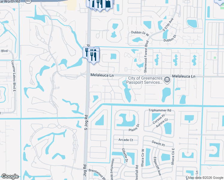 map of restaurants, bars, coffee shops, grocery stores, and more near 442 Pine Glen Lane in Greenacres