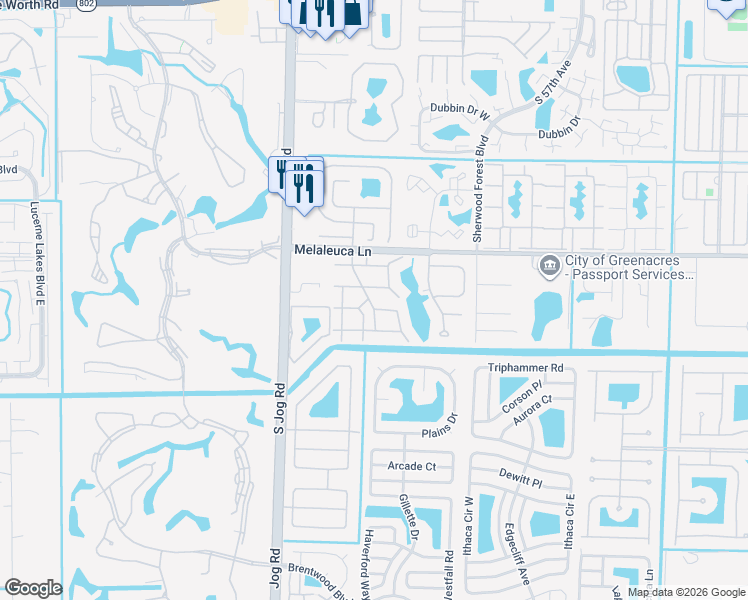 map of restaurants, bars, coffee shops, grocery stores, and more near 424 Pine Glen Lane in Greenacres