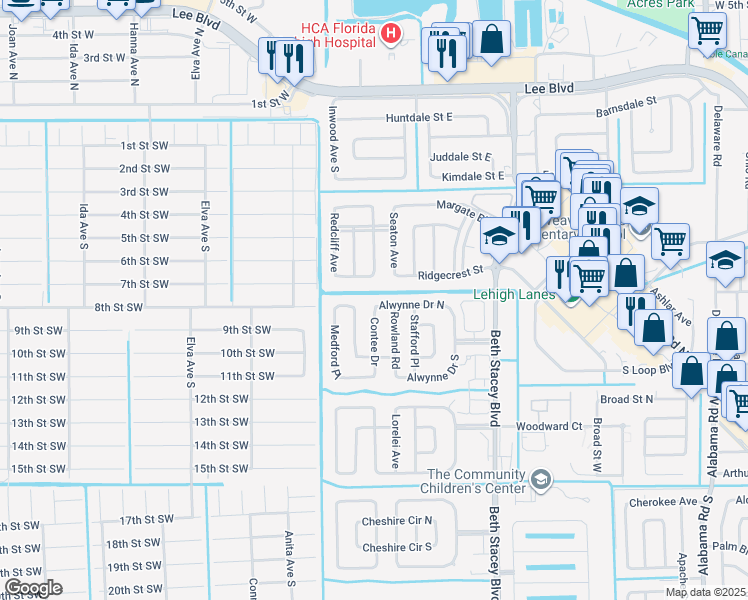 map of restaurants, bars, coffee shops, grocery stores, and more near 116 Contee Drive in Lehigh Acres