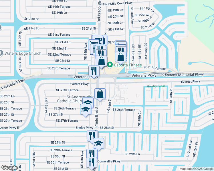 map of restaurants, bars, coffee shops, grocery stores, and more near 2503 Del Prado Boulevard South in Cape Coral