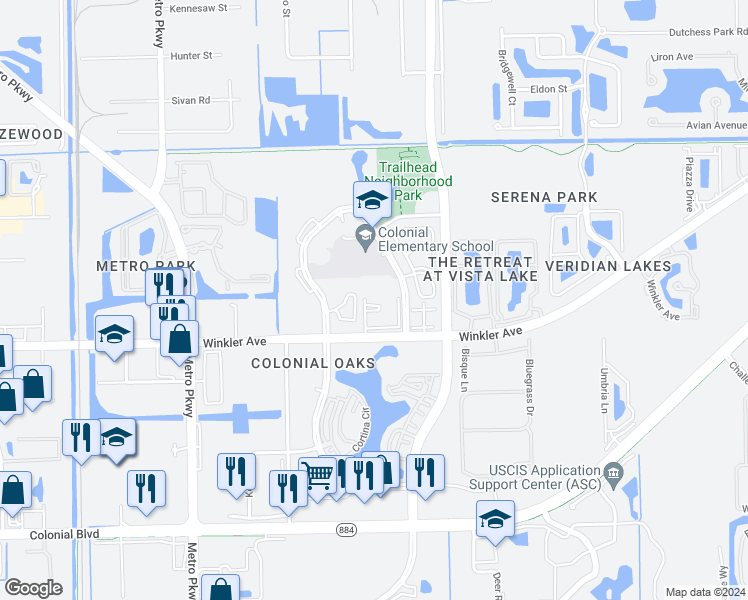 map of restaurants, bars, coffee shops, grocery stores, and more near 3407 Winkler Avenue in Fort Myers