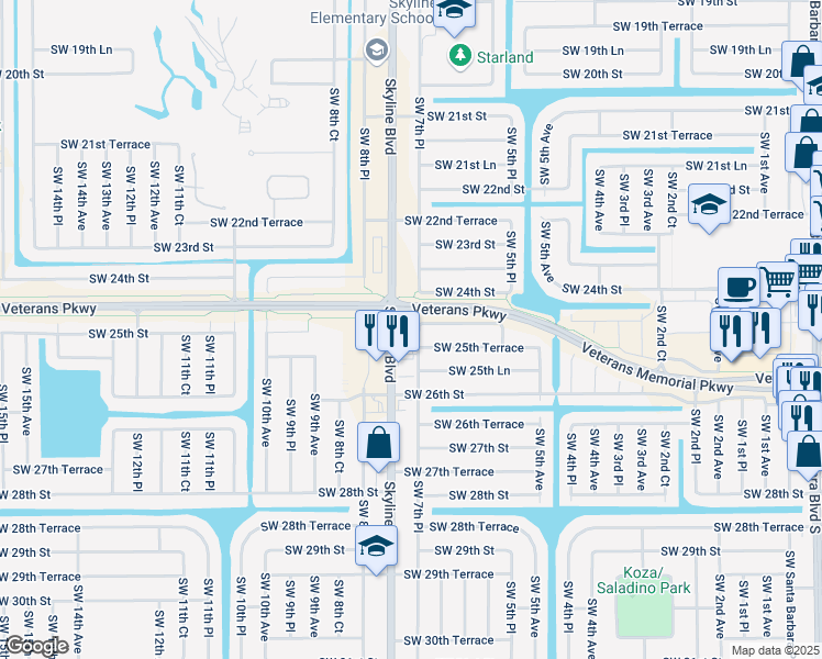 map of restaurants, bars, coffee shops, grocery stores, and more near 2516 Southwest 7th Place in Cape Coral