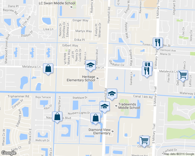 map of restaurants, bars, coffee shops, grocery stores, and more near 5100 Melaleuca Lane in Lake Worth