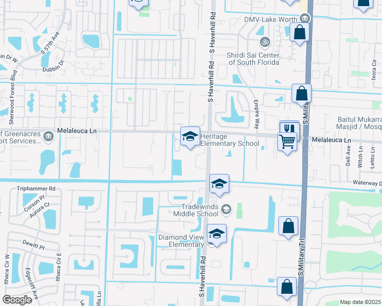 map of restaurants, bars, coffee shops, grocery stores, and more near 5100 Melaleuca Lane in Lake Worth