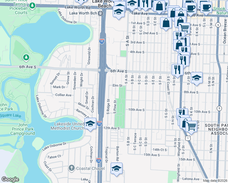 map of restaurants, bars, coffee shops, grocery stores, and more near 649 South Pine Street in Lake Worth