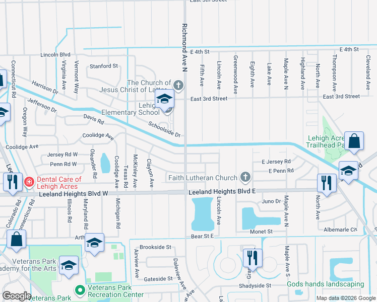 map of restaurants, bars, coffee shops, grocery stores, and more near 201 Fifth Avenue in Lehigh Acres