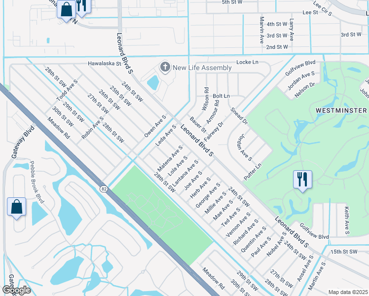 map of restaurants, bars, coffee shops, grocery stores, and more near 5013 Leonard Boulevard South in Lehigh Acres