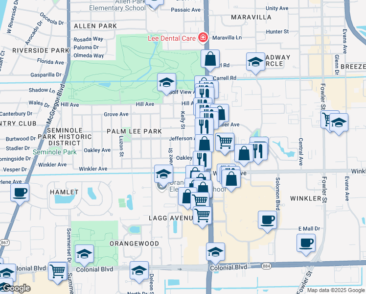 map of restaurants, bars, coffee shops, grocery stores, and more near 1873 Jefferson Avenue in Fort Myers