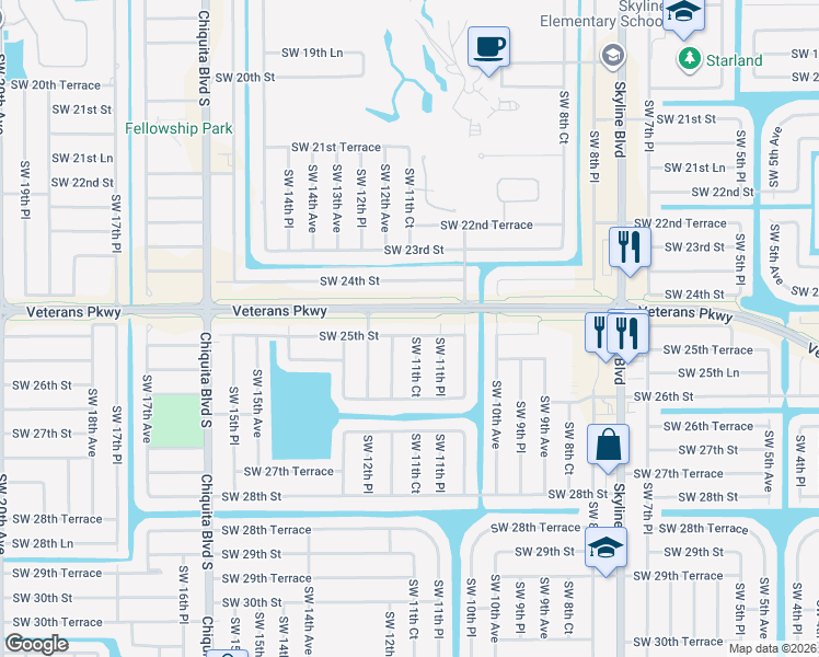 map of restaurants, bars, coffee shops, grocery stores, and more near 1137 Southwest 25th Street in Cape Coral