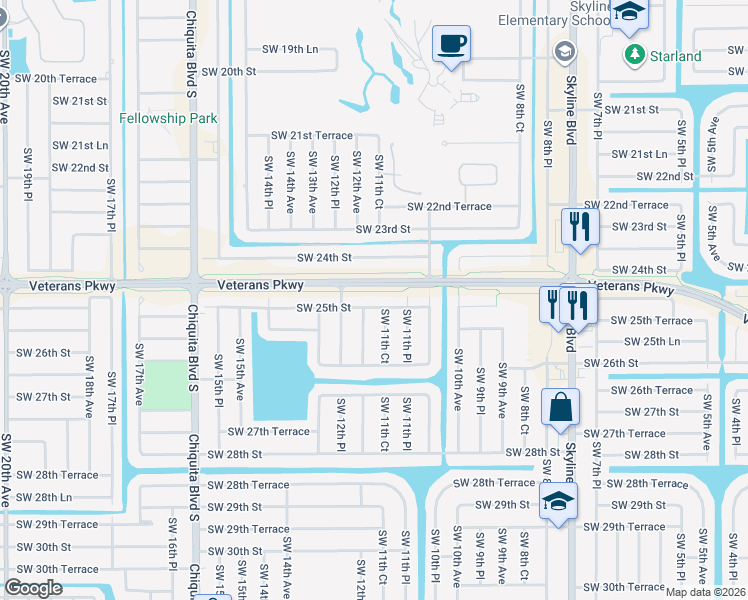 map of restaurants, bars, coffee shops, grocery stores, and more near 1141 Southwest 25th Street in Cape Coral