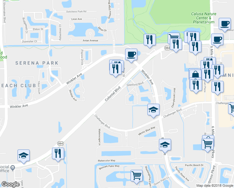 map of restaurants, bars, coffee shops, grocery stores, and more near Colonial Boulevard in Fort Myers
