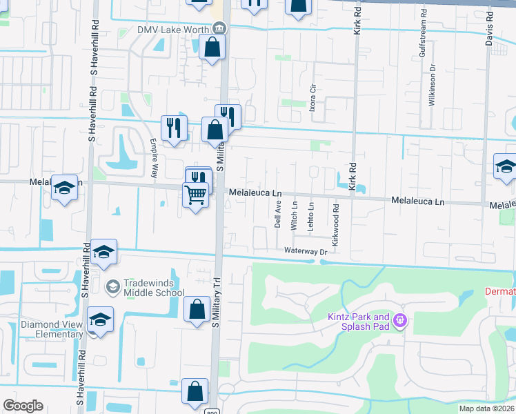 map of restaurants, bars, coffee shops, grocery stores, and more near 4390 Melaleuca Lane in Lake Worth