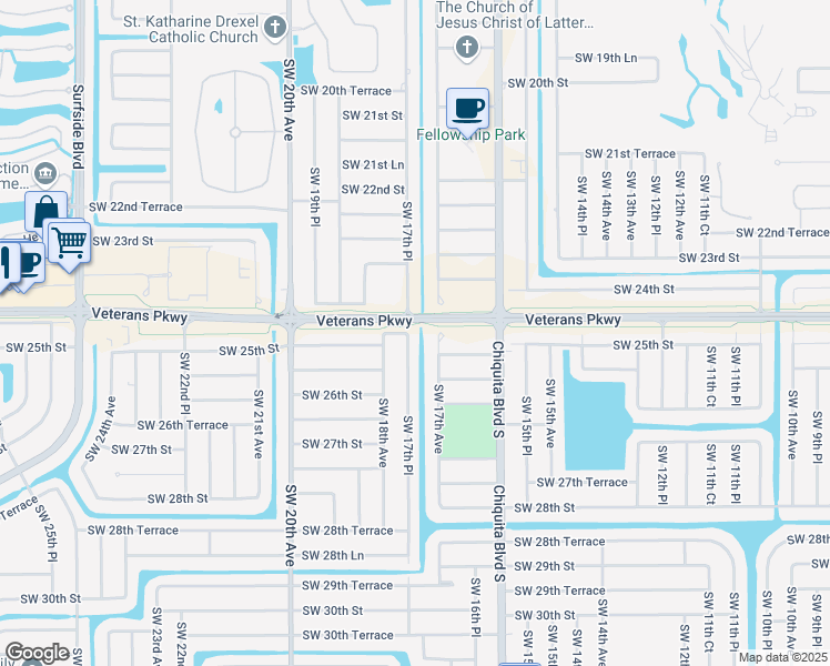 map of restaurants, bars, coffee shops, grocery stores, and more near 2405 Southwest 17th Place in Cape Coral