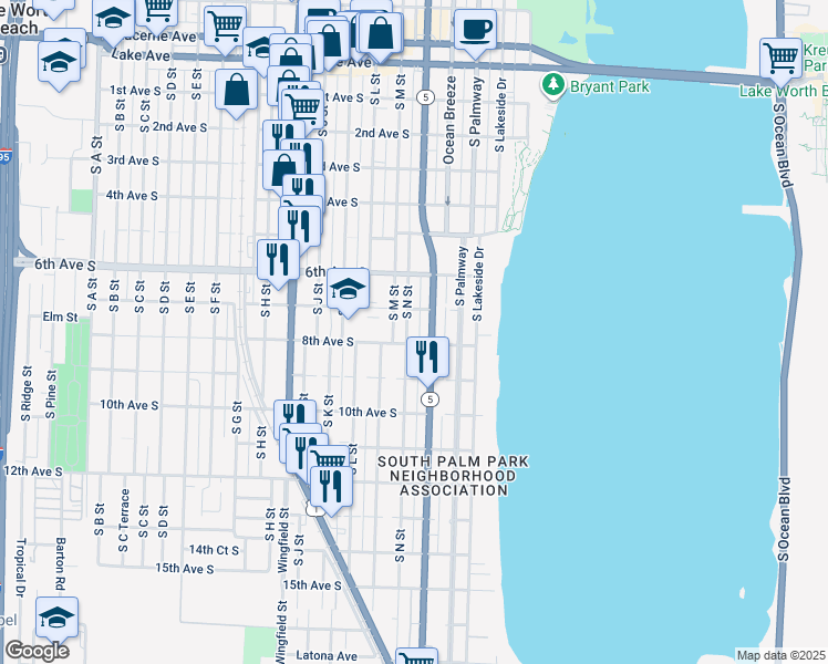 map of restaurants, bars, coffee shops, grocery stores, and more near 706 South M Street in Lake Worth