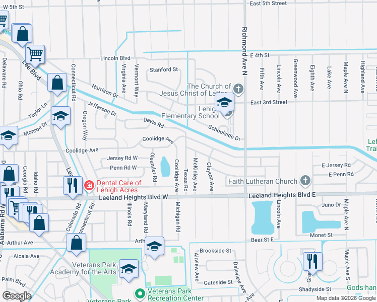 map of restaurants, bars, coffee shops, grocery stores, and more near 126 Texas Road in Lehigh Acres