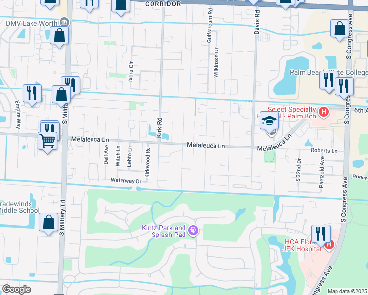 map of restaurants, bars, coffee shops, grocery stores, and more near 3884 Melaleuca Lane in Lake Worth