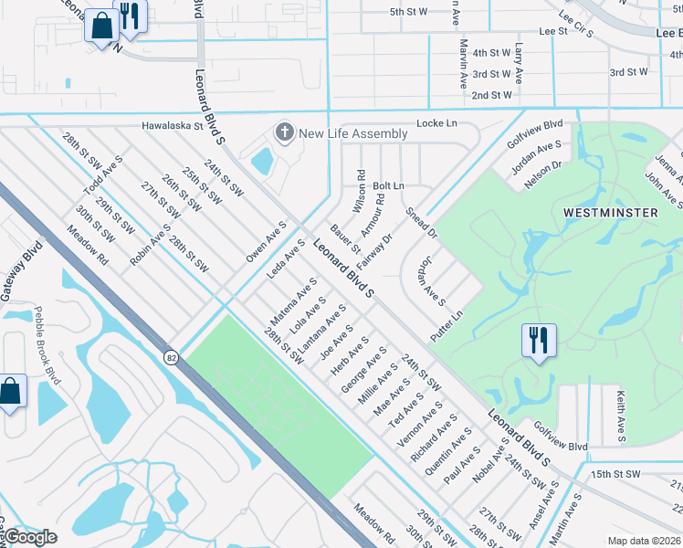 map of restaurants, bars, coffee shops, grocery stores, and more near 5013 Leonard Boulevard South in Lehigh Acres