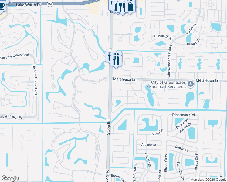 map of restaurants, bars, coffee shops, grocery stores, and more near 4752 Jog Road in Greenacres