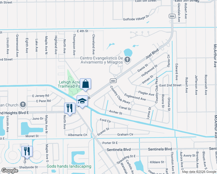 map of restaurants, bars, coffee shops, grocery stores, and more near 198 Joel Boulevard in Lehigh Acres