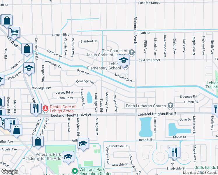 map of restaurants, bars, coffee shops, grocery stores, and more near 102 East Jasmine Road in Lehigh Acres