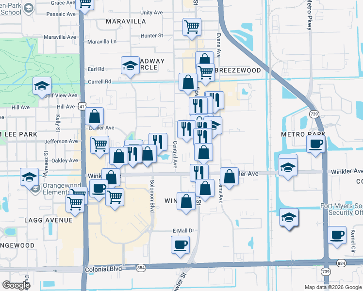 map of restaurants, bars, coffee shops, grocery stores, and more near 3764 Central Avenue in Fort Myers