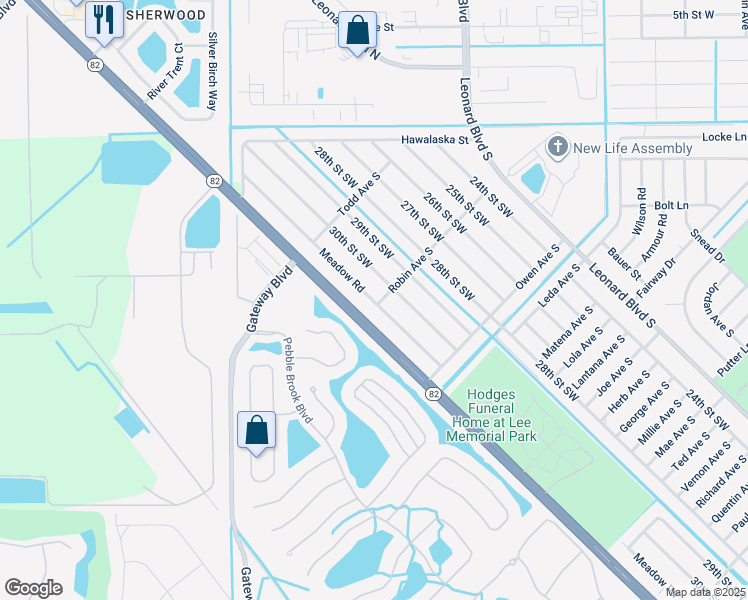 map of restaurants, bars, coffee shops, grocery stores, and more near 199 Meadow Road in Lehigh Acres