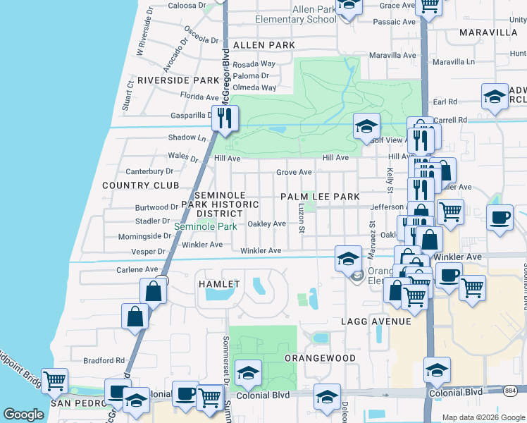 map of restaurants, bars, coffee shops, grocery stores, and more near 3815 Arlington Street in Fort Myers