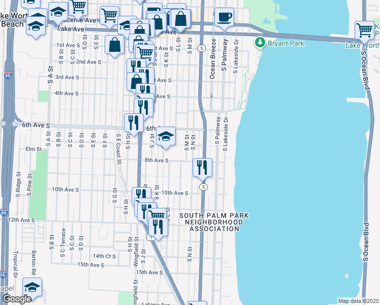 map of restaurants, bars, coffee shops, grocery stores, and more near 706 South M Street in Lake Worth
