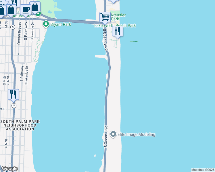 map of restaurants, bars, coffee shops, grocery stores, and more near 3581 South Ocean Boulevard in Palm Beach