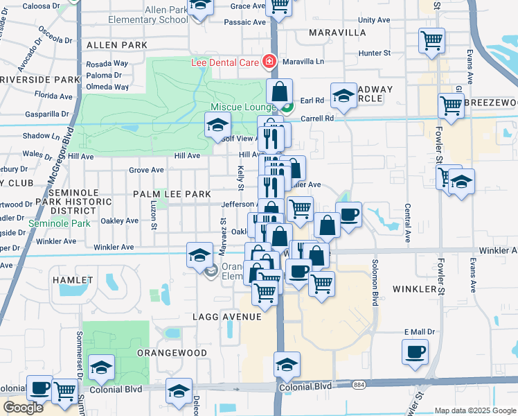 map of restaurants, bars, coffee shops, grocery stores, and more near 1920 Jefferson Avenue in Fort Myers