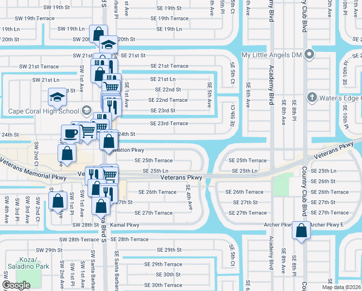map of restaurants, bars, coffee shops, grocery stores, and more near 307 Aviation Parkway in Cape Coral