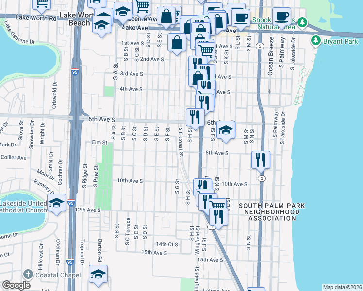 map of restaurants, bars, coffee shops, grocery stores, and more near 714 Southeast Coast Street in Lake Worth