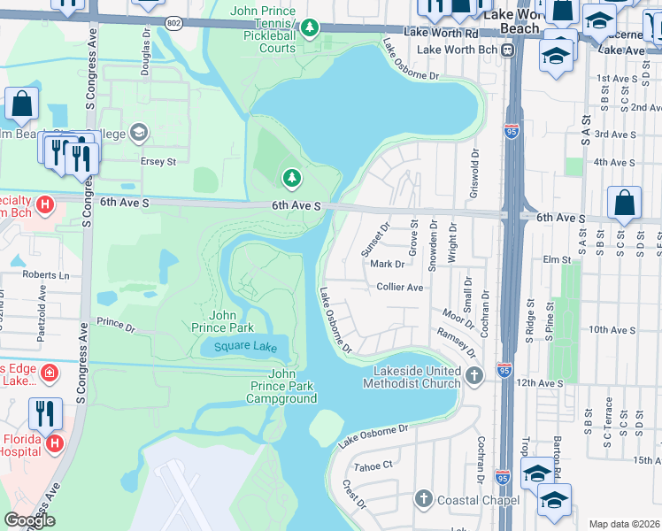 map of restaurants, bars, coffee shops, grocery stores, and more near 2708 Lake Osborne Drive in Lake Worth