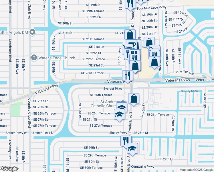map of restaurants, bars, coffee shops, grocery stores, and more near 1409 Everest Parkway in Cape Coral