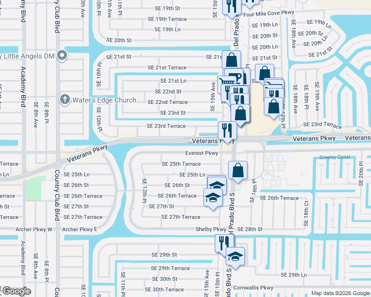map of restaurants, bars, coffee shops, grocery stores, and more near 1409 Everest Parkway in Cape Coral