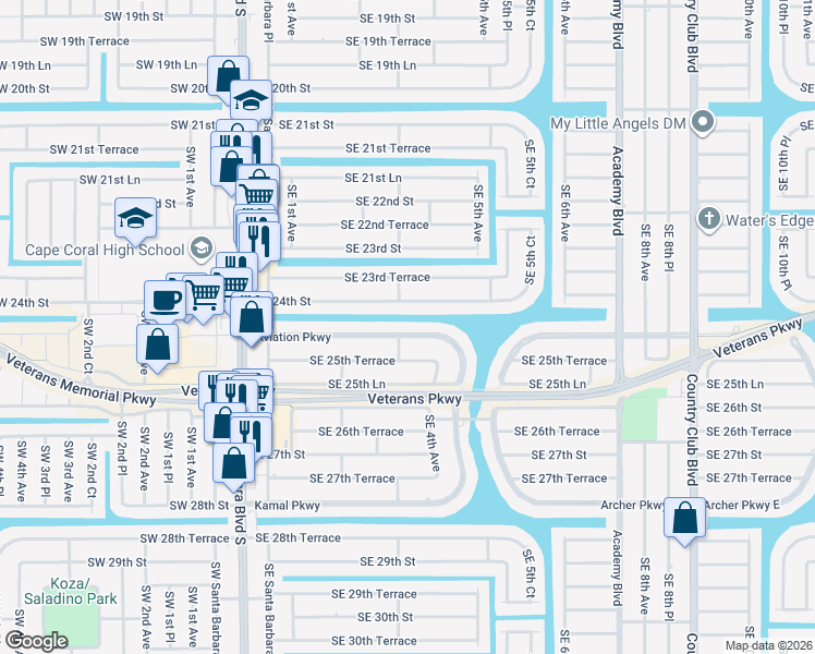 map of restaurants, bars, coffee shops, grocery stores, and more near 307 Aviation Parkway in Cape Coral