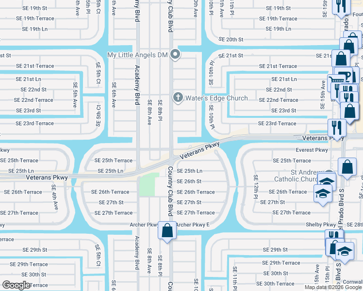 map of restaurants, bars, coffee shops, grocery stores, and more near 911 West Retunda Parkway in Cape Coral