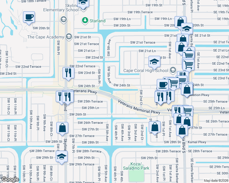map of restaurants, bars, coffee shops, grocery stores, and more near 2500 Southwest 4th Place in Cape Coral