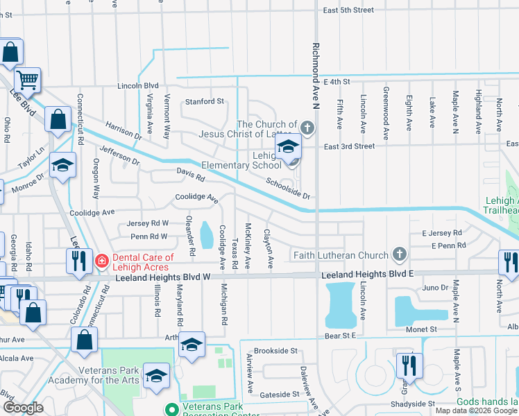 map of restaurants, bars, coffee shops, grocery stores, and more near 102 East Jasmine Road in Lehigh Acres