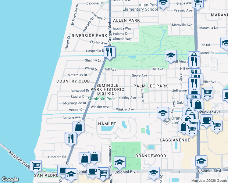 map of restaurants, bars, coffee shops, grocery stores, and more near 3825 Rogers Street in Fort Myers