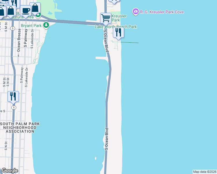 map of restaurants, bars, coffee shops, grocery stores, and more near 3575 South Ocean Boulevard in Palm Beach