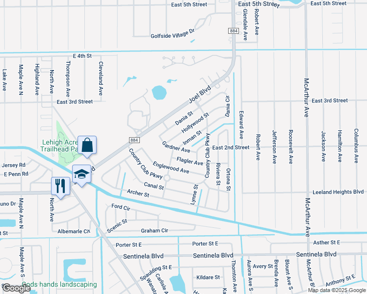 map of restaurants, bars, coffee shops, grocery stores, and more near 308 Inman Street in Lehigh Acres