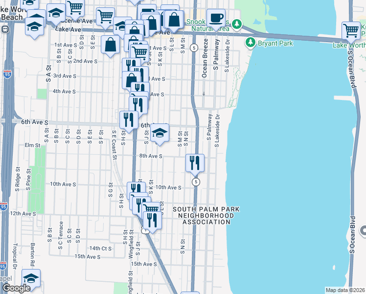 map of restaurants, bars, coffee shops, grocery stores, and more near 706 South M Street in Lake Worth