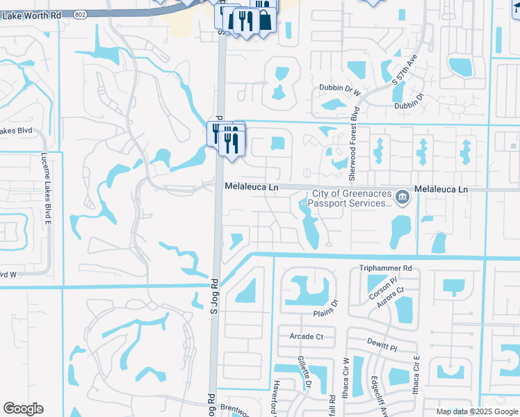 map of restaurants, bars, coffee shops, grocery stores, and more near 442 Pine Glen Lane in Greenacres