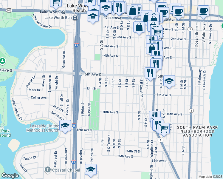 map of restaurants, bars, coffee shops, grocery stores, and more near 719 South C Street in Lake Worth