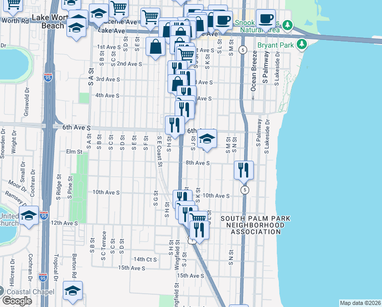 map of restaurants, bars, coffee shops, grocery stores, and more near 710 South J Street in Lake Worth