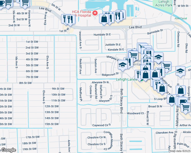 map of restaurants, bars, coffee shops, grocery stores, and more near 1802 Ridgecrest Street in Lehigh Acres