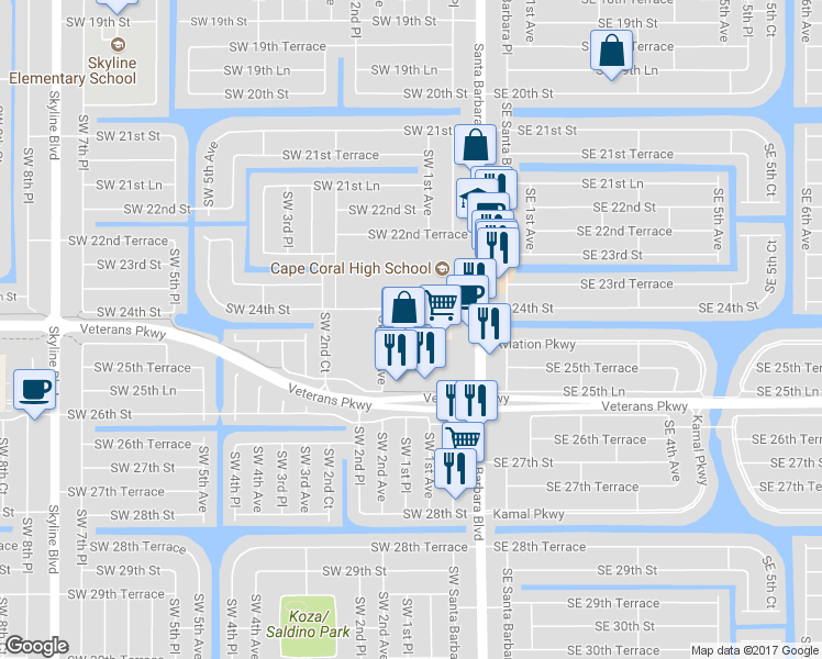 map of restaurants, bars, coffee shops, grocery stores, and more near 2430 Santa Barbara Boulevard in Cape Coral
