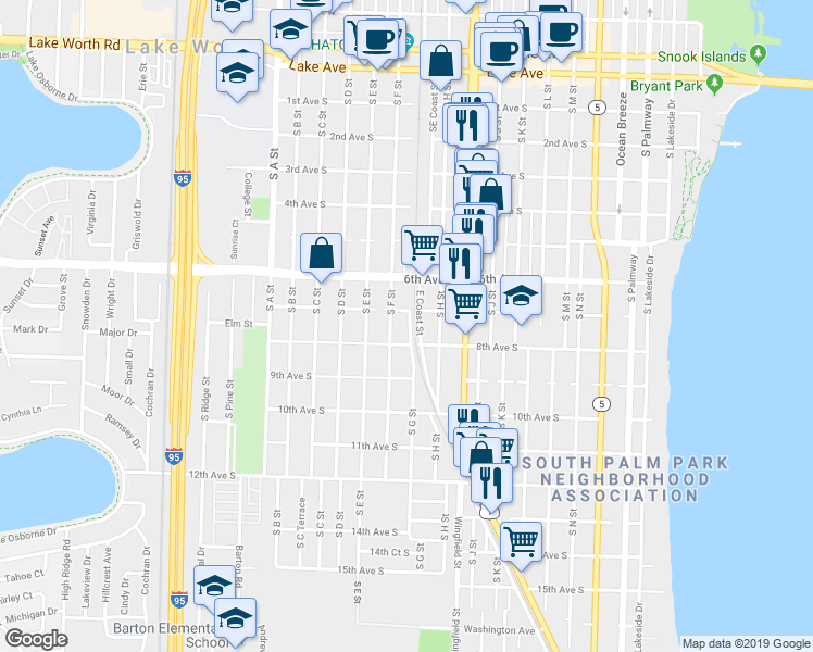 map of restaurants, bars, coffee shops, grocery stores, and more near 714 Southeast Coast Street in Lake Worth